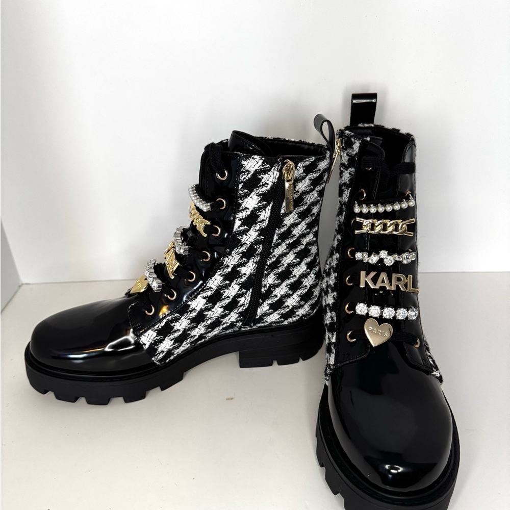 New Karl Lagerfeld Mela Tweed Black/White Combat Boots - Picture 9 of 12